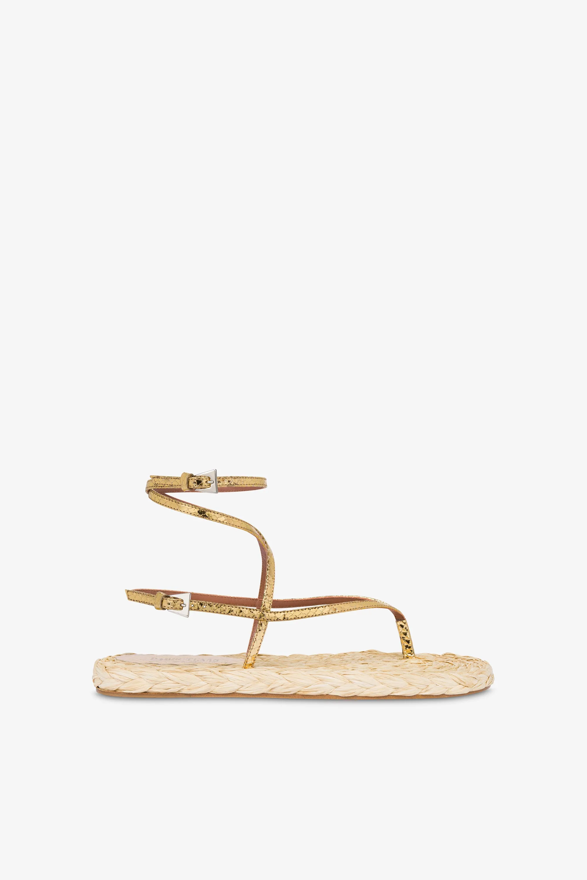 Lace-up sandals in natural raffia and gold metallic python-print leather