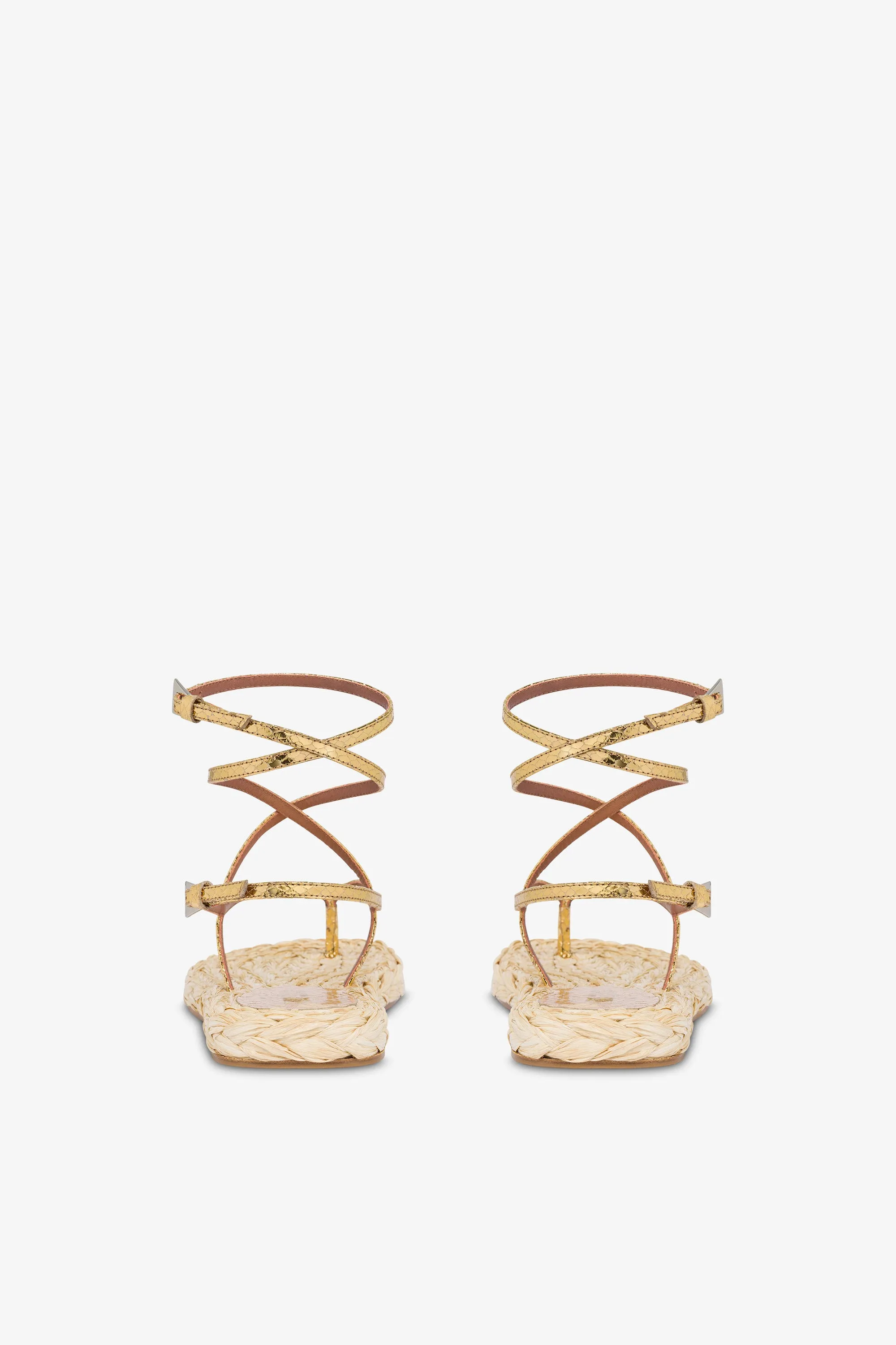 Lace-up sandals in natural raffia and gold metallic python-print leather