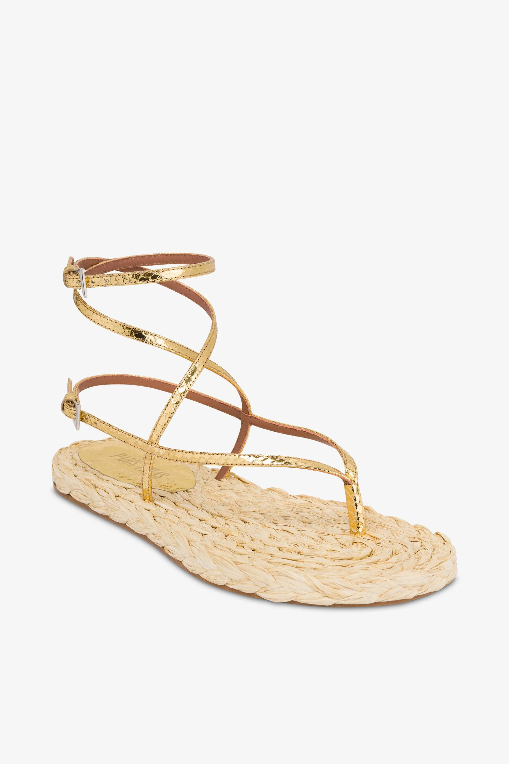 Lace-up sandals in natural raffia and gold metallic python-print leather
