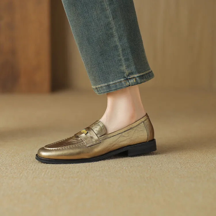 Ladies Round Toe Leather Flat Loafers