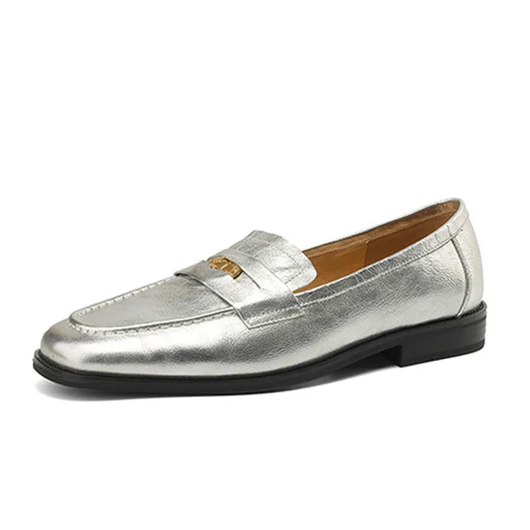 Ladies Round Toe Leather Flat Loafers