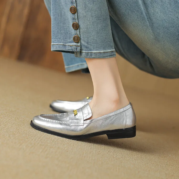 Ladies Round Toe Leather Flat Loafers