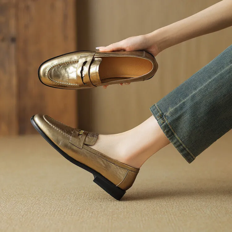 Ladies Round Toe Leather Flat Loafers