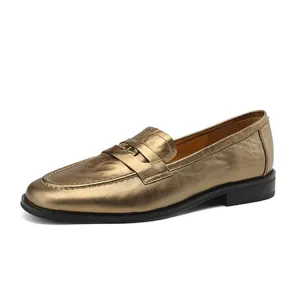 Ladies Round Toe Leather Flat Loafers