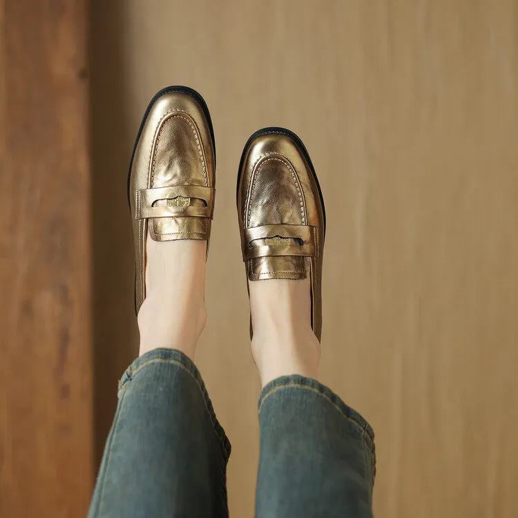 Ladies Round Toe Leather Flat Loafers