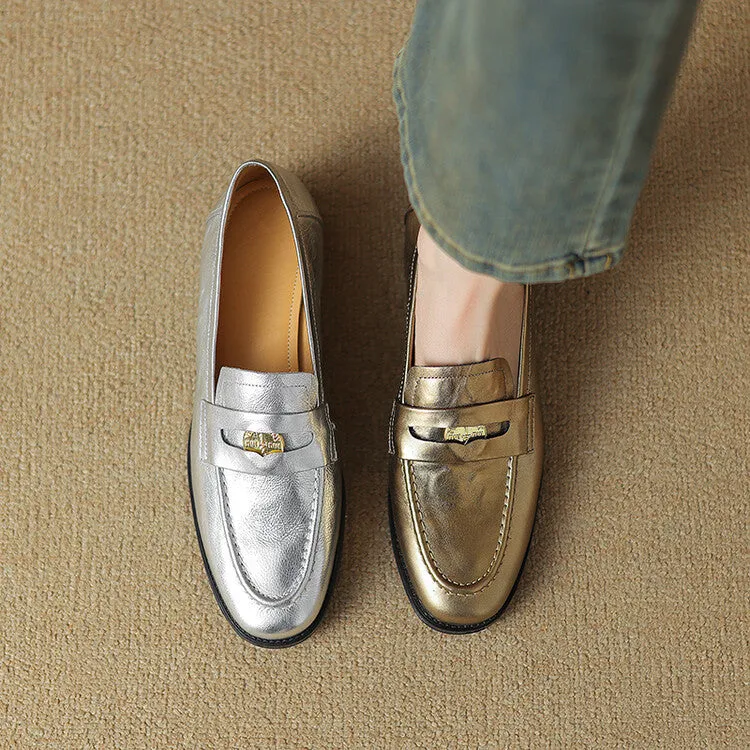 Ladies Round Toe Leather Flat Loafers