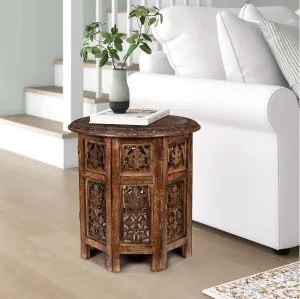 Lightnpro Handcrafted Wooden Round Accent Table - Vintage Farmhouse Octagonal Side End Table with Intricate Carvings for Living Room, Bedroom, Entryway - 18x18 Inch - Burnt