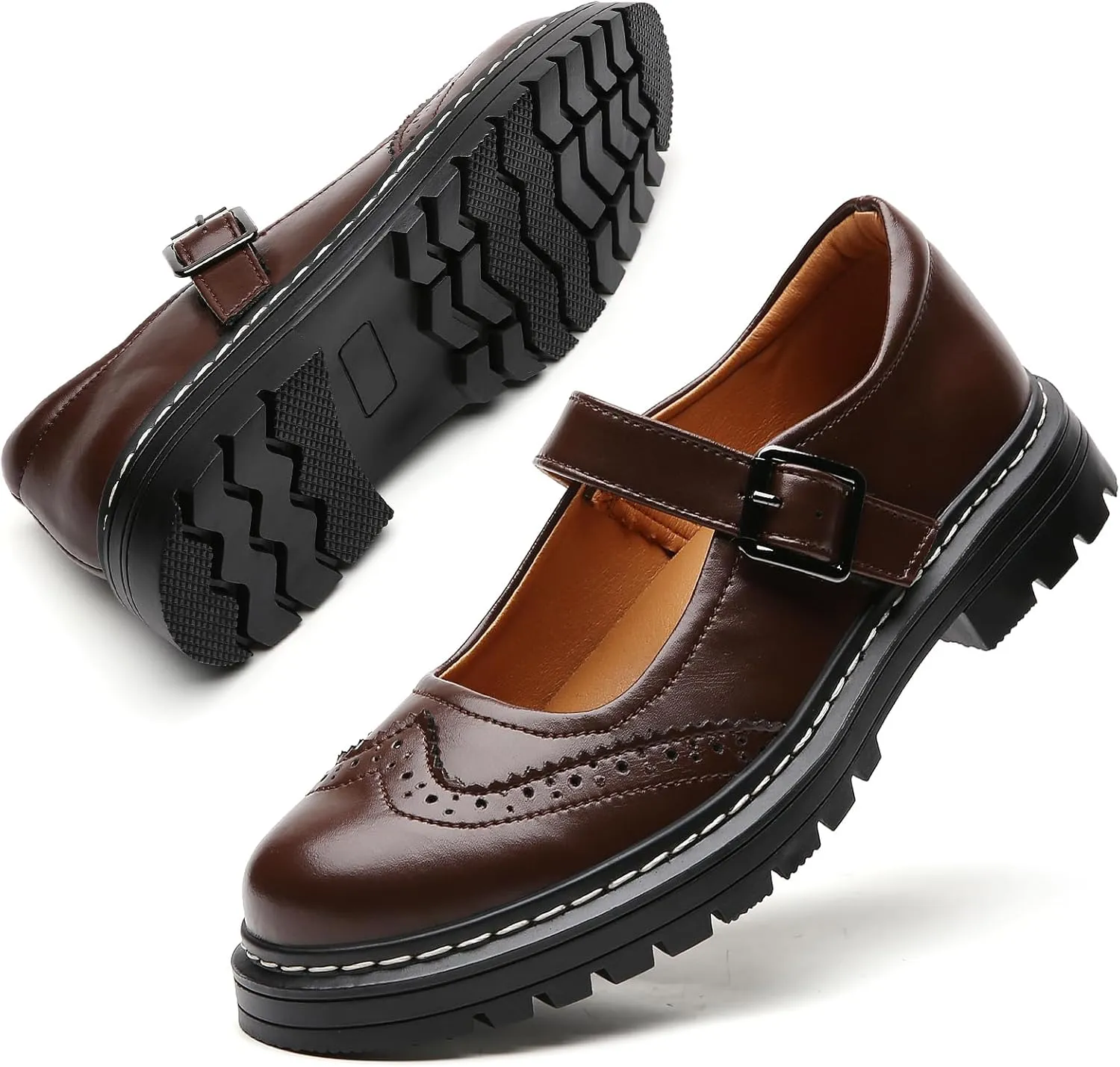Mary Jane Shoes Women Platform Non-Slip Classics Round Toe Ankle Strap Comfort Casual Oxford Dress Work Mary Jane Flat Shoes