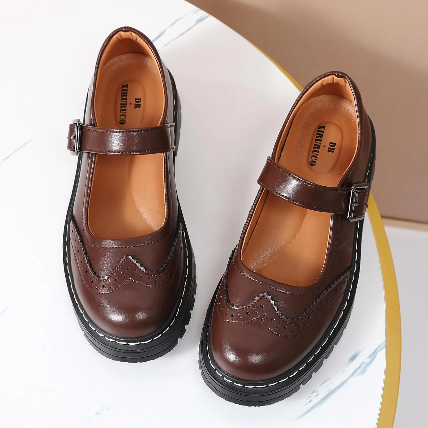 Mary Jane Shoes Women Platform Non-Slip Classics Round Toe Ankle Strap Comfort Casual Oxford Dress Work Mary Jane Flat Shoes