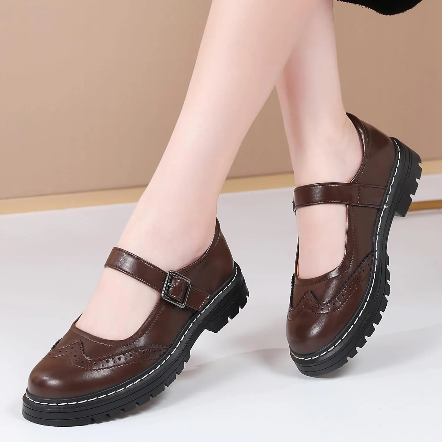 Mary Jane Shoes Women Platform Non-Slip Classics Round Toe Ankle Strap Comfort Casual Oxford Dress Work Mary Jane Flat Shoes