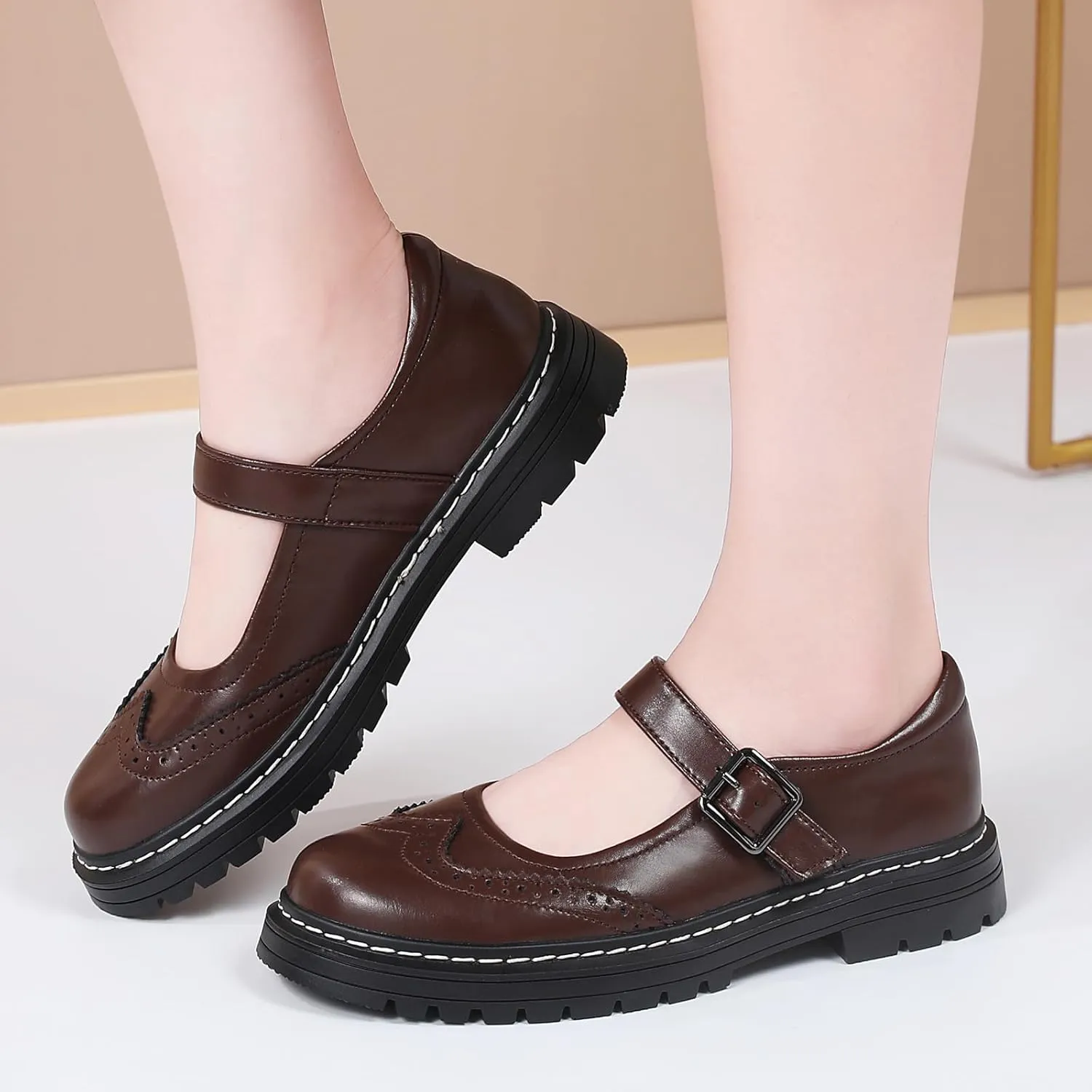 Mary Jane Shoes Women Platform Non-Slip Classics Round Toe Ankle Strap Comfort Casual Oxford Dress Work Mary Jane Flat Shoes