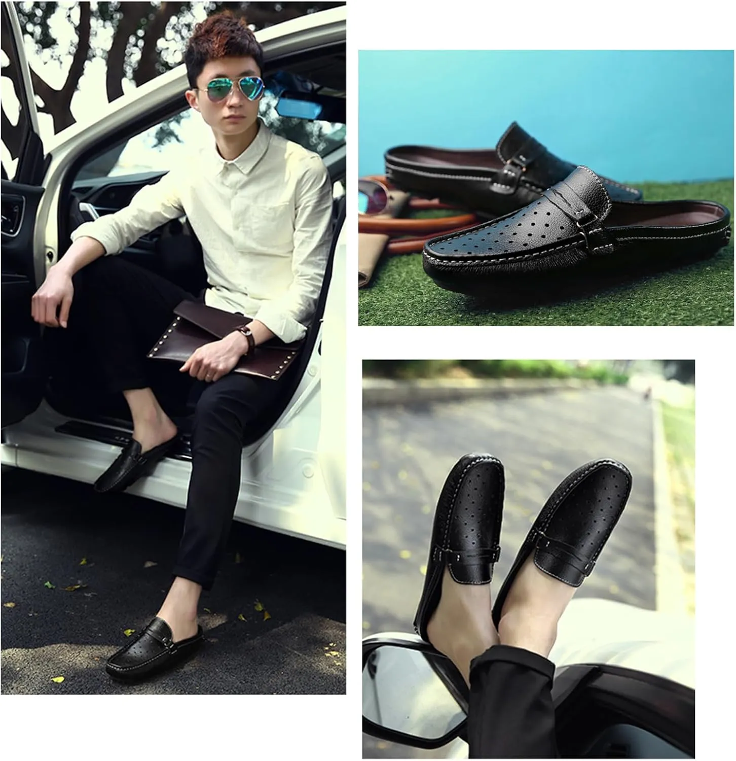 Men's Leather Hollow Flat Clogs Mules Casual Breathable Round Toe Punching Backless Slip-On Loafers Suitable for Business Walking Driving