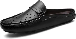 Men's Leather Hollow Flat Clogs Mules Casual Breathable Round Toe Punching Backless Slip-On Loafers Suitable for Business Walking Driving