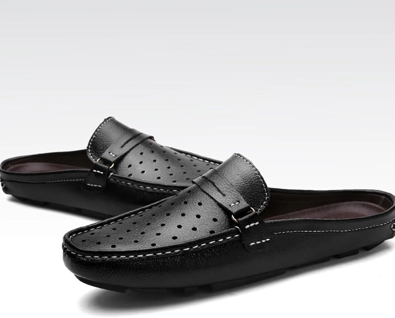 Men's Leather Hollow Flat Clogs Mules Casual Breathable Round Toe Punching Backless Slip-On Loafers Suitable for Business Walking Driving