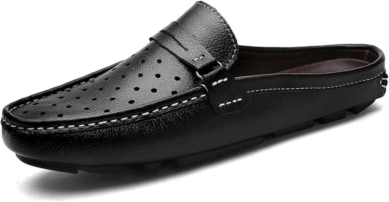 Men's Leather Hollow Flat Clogs Mules Casual Breathable Round Toe Punching Backless Slip-On Loafers Suitable for Business Walking Driving