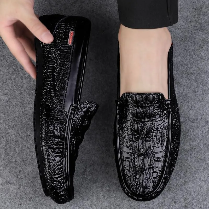 Men's Loafers Square Toe Crocodile Print Faux Leather Moccasins Shoes Flexible Flat Heel Comfortable Wedding Party Slip-ons