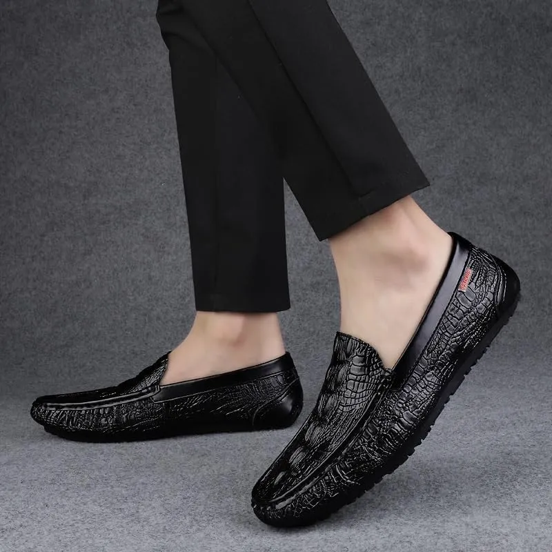 Men's Loafers Square Toe Crocodile Print Faux Leather Moccasins Shoes Flexible Flat Heel Comfortable Wedding Party Slip-ons