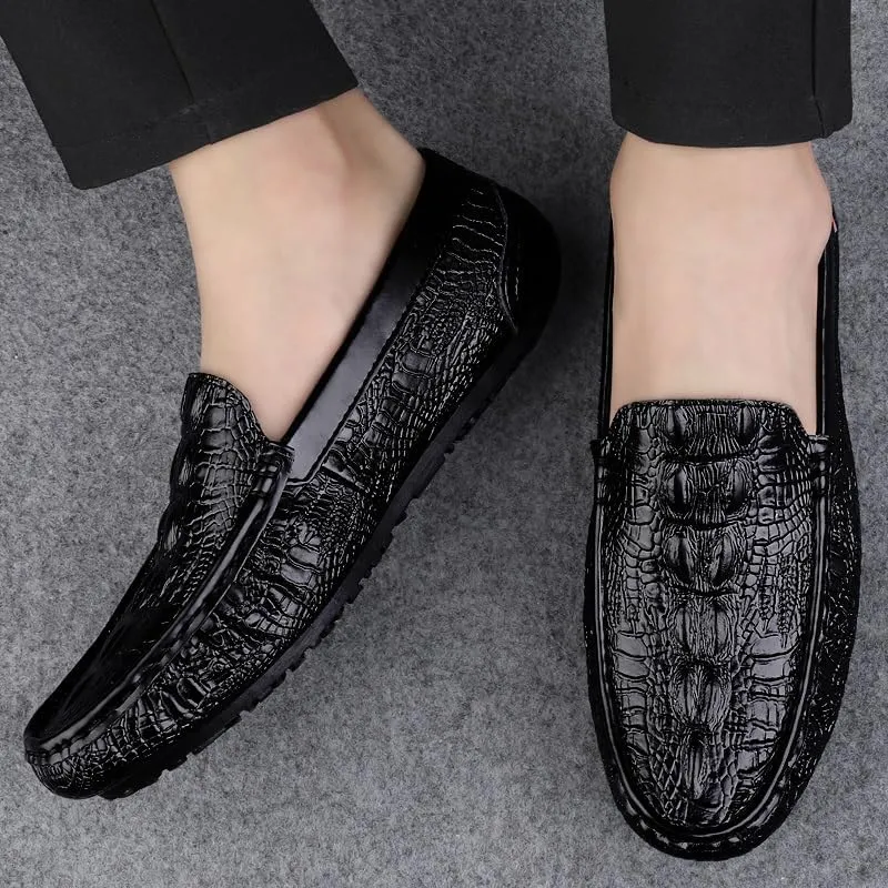 Men's Loafers Square Toe Crocodile Print Faux Leather Moccasins Shoes Flexible Flat Heel Comfortable Wedding Party Slip-ons