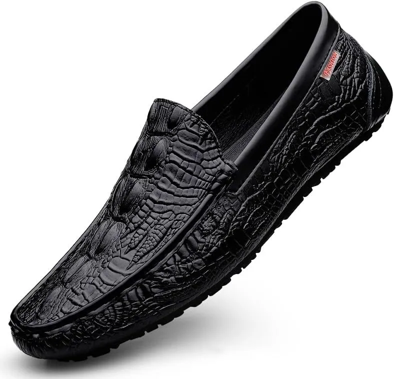 Men's Loafers Square Toe Crocodile Print Faux Leather Moccasins Shoes Flexible Flat Heel Comfortable Wedding Party Slip-ons