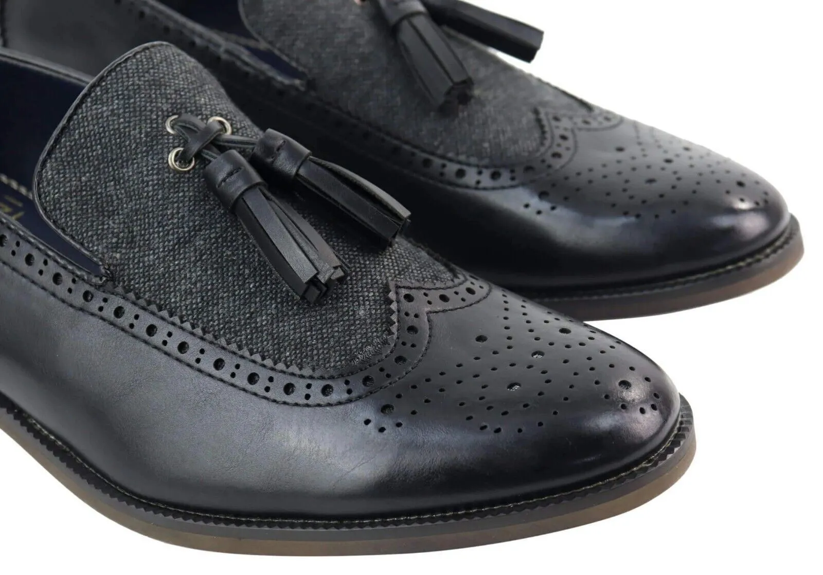 Mens Tasselled Black Leather Tweed Brogue Slip on Loafers