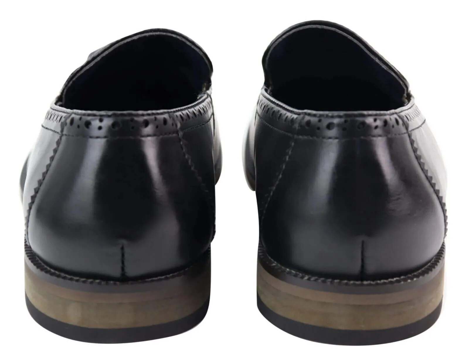 Mens Tasselled Black Leather Tweed Brogue Slip on Loafers