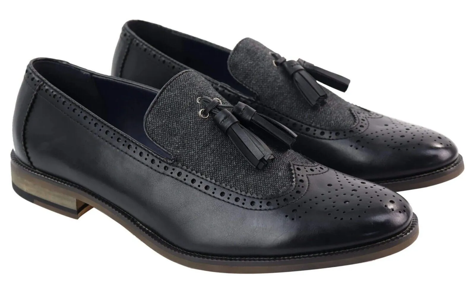 Mens Tasselled Black Leather Tweed Brogue Slip on Loafers