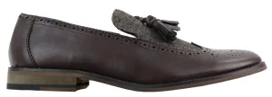 Mens Tasselled Brown Leather Tweed Brogue Slip on Loafers