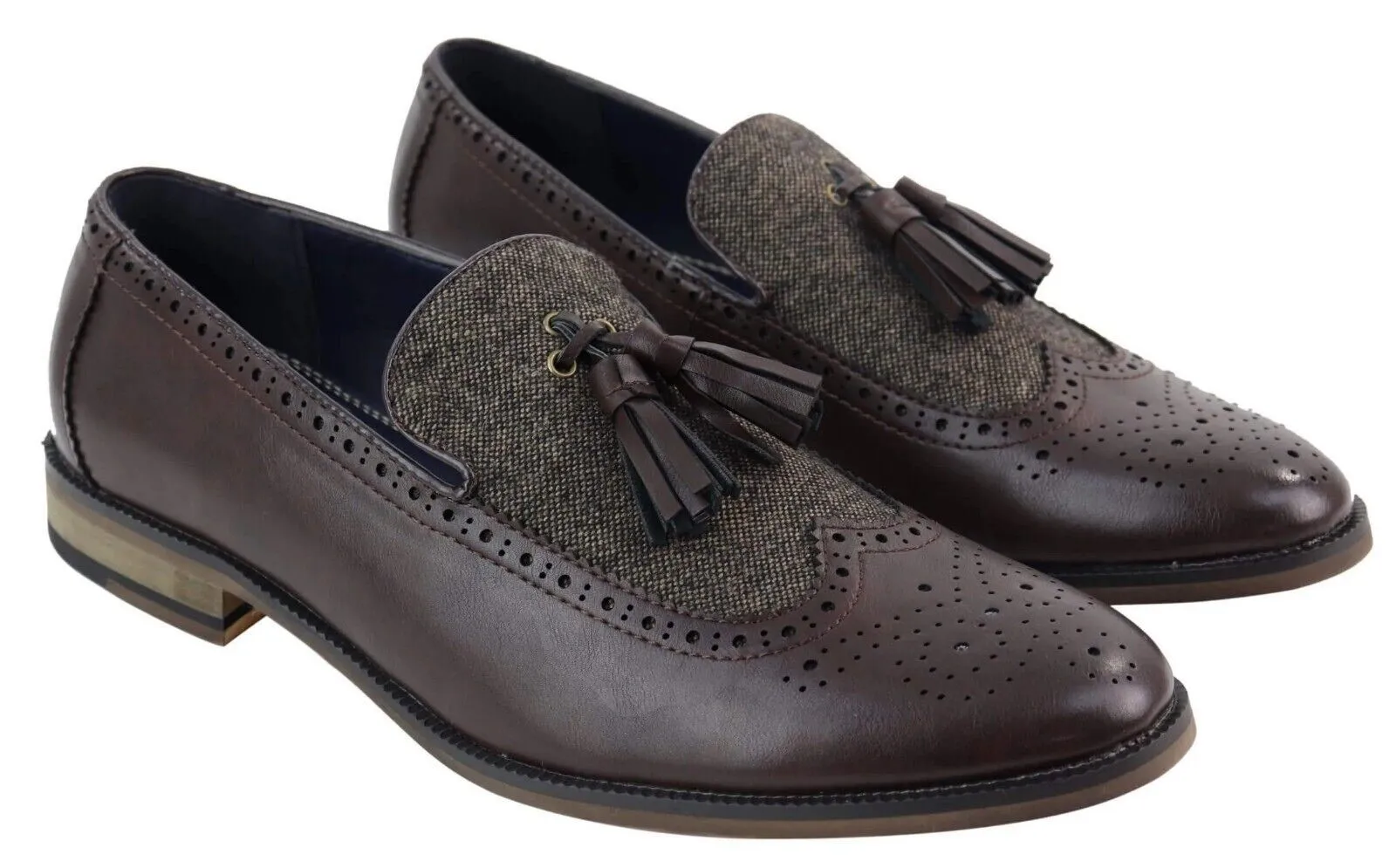 Mens Tasselled Brown Leather Tweed Brogue Slip on Loafers