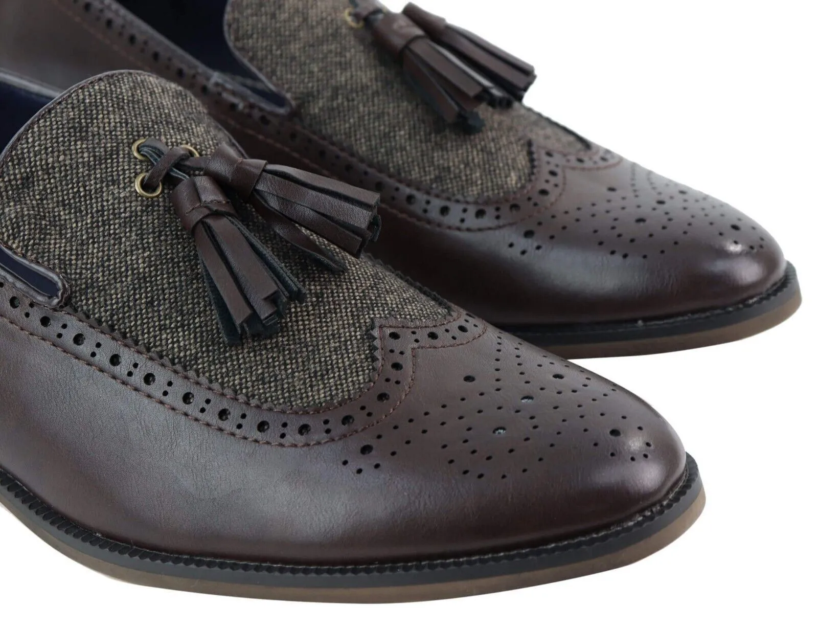 Mens Tasselled Brown Leather Tweed Brogue Slip on Loafers