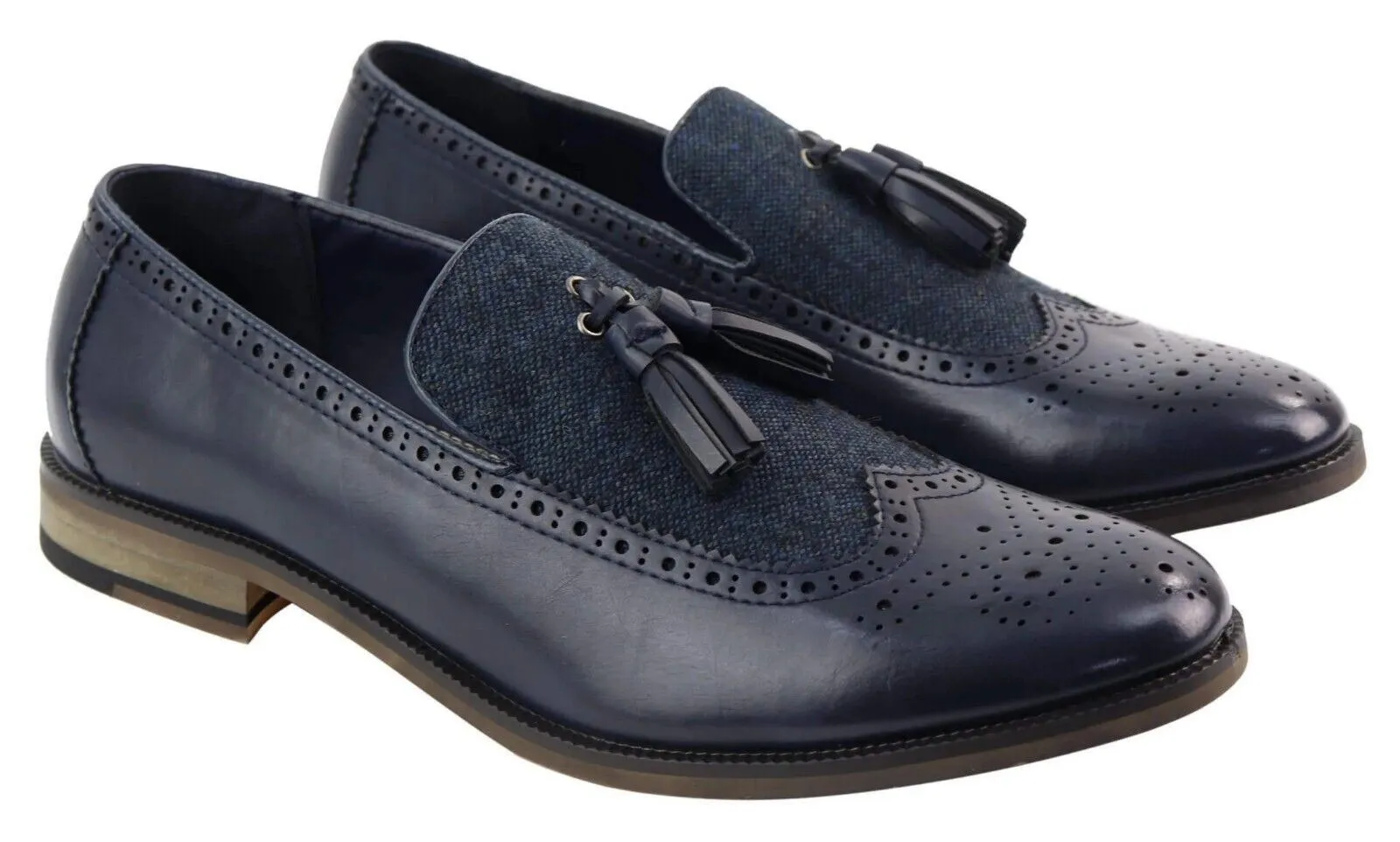Mens Tasselled Navy Leather Tweed Brogue Slip on Loafers