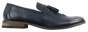 Mens Tasselled Navy Leather Tweed Brogue Slip on Loafers