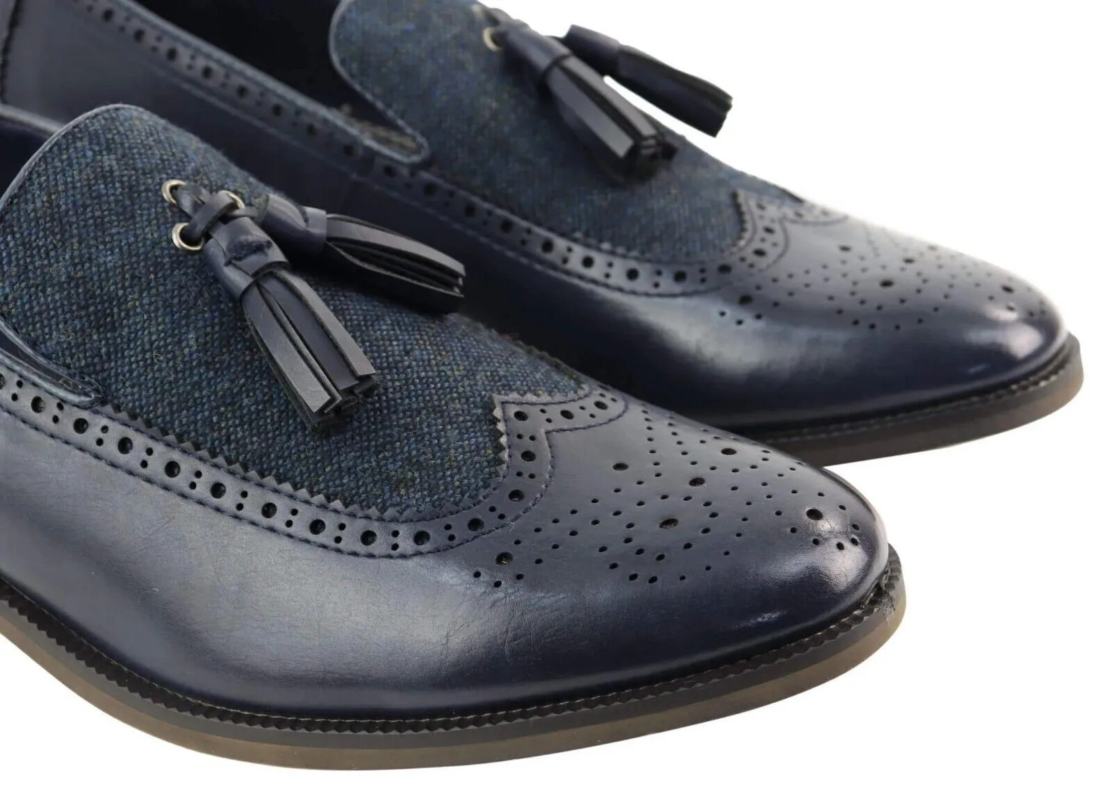 Mens Tasselled Navy Leather Tweed Brogue Slip on Loafers