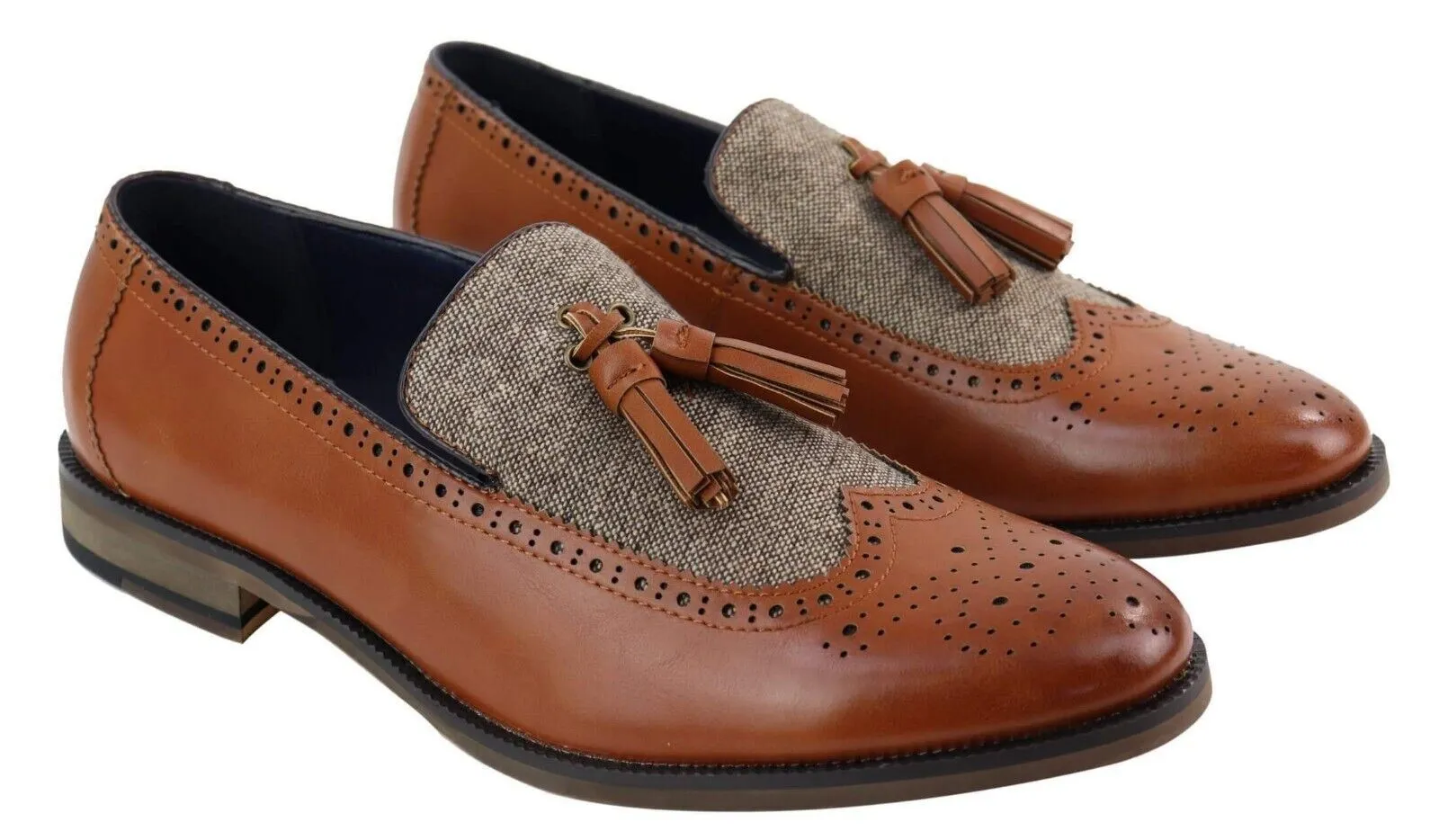 Mens Tasselled Tan Leather Tweed Slip on Loafers