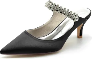 Minishion Womens Formal Shoes for Wedding Low Heel Pointed Toe Party Prom Pumps Mule with Rhinestones BR039