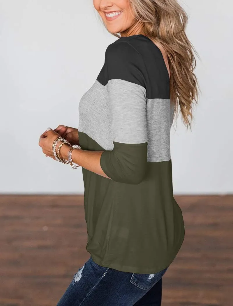 Minthunter Women's Half Sleeve T Shirts Casual Color Block Round Neck Spring Tops