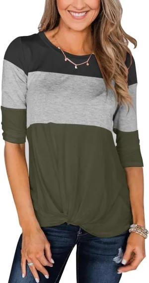 Minthunter Women's Half Sleeve T Shirts Casual Color Block Round Neck Spring Tops