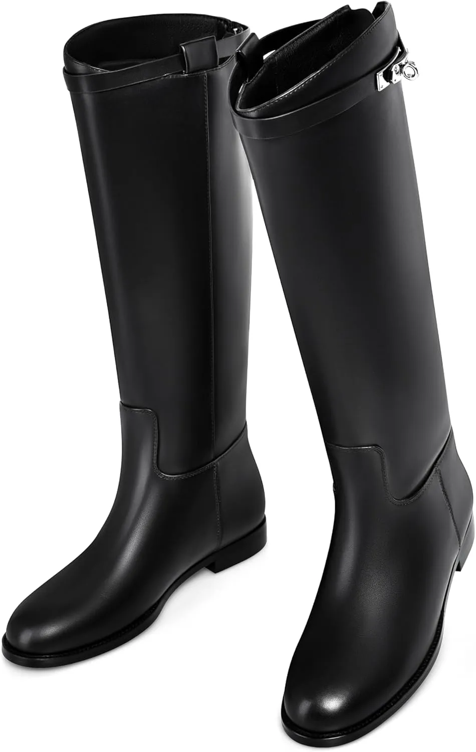 MIRAAZZURRA Flat Knee High Boots Women Round Toe Tall Flat Boots with Buckle Back Zipper Womens Riding Boots