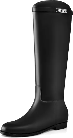 MIRAAZZURRA Flat Knee High Boots Women Round Toe Tall Flat Boots with Buckle Back Zipper Womens Riding Boots