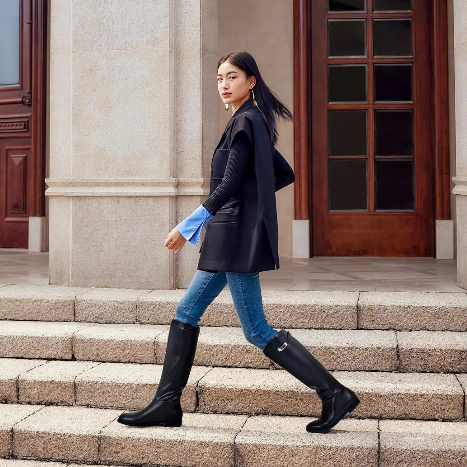 MIRAAZZURRA Flat Knee High Boots Women Round Toe Tall Flat Boots with Buckle Back Zipper Womens Riding Boots