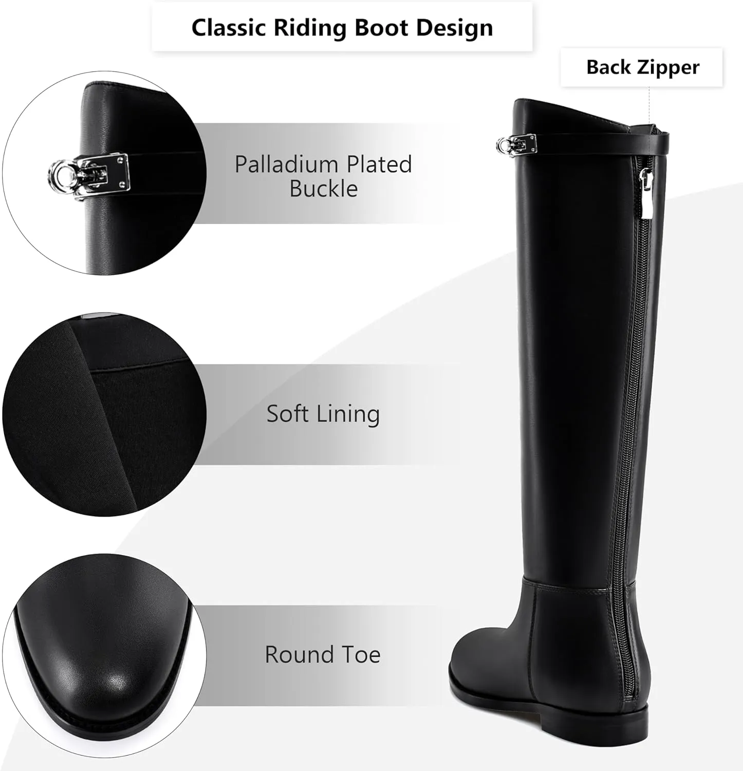 MIRAAZZURRA Flat Knee High Boots Women Round Toe Tall Flat Boots with Buckle Back Zipper Womens Riding Boots