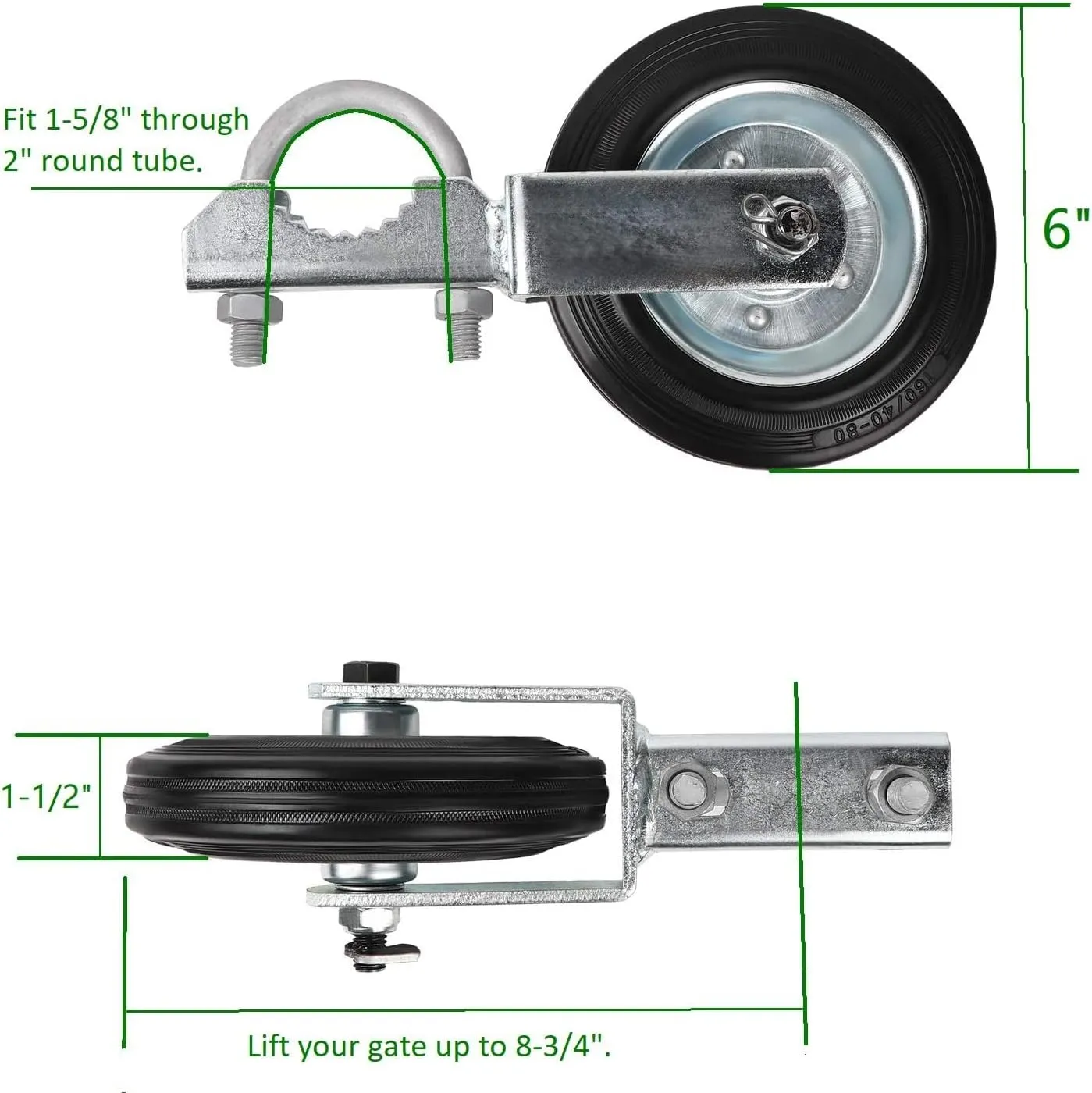 Mofeez Gate Wheel for Metal Swing Gate with 1-5/8" Thru 2" Gate Frames, Gate Support Wheel for Chain Link Fence (Set of 2)