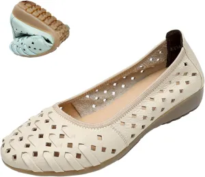 MOYOWEI Women's Summer Comfort Woven Leather Flats,Pointed Closed Toe Hollow Non-slip Soft Sole Slip-on Walking Casual Shoes