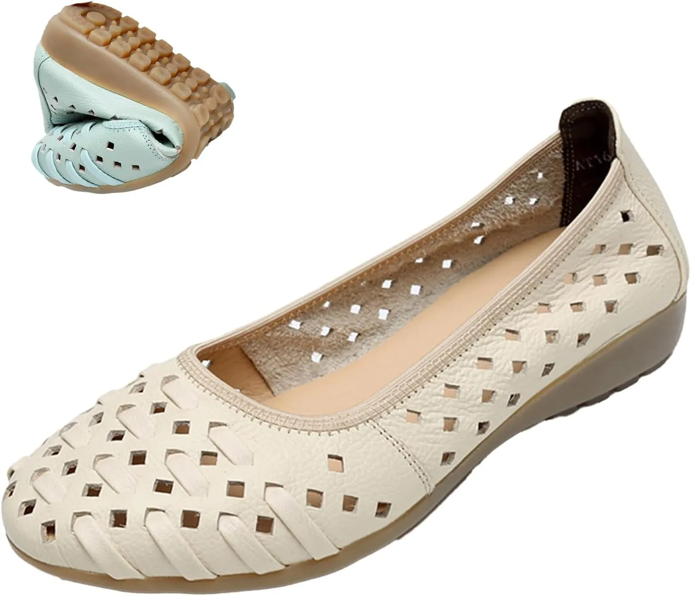 MOYOWEI Women's Summer Comfort Woven Leather Flats,Pointed Closed Toe Hollow Non-slip Soft Sole Slip-on Walking Casual Shoes