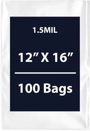 Multiple Sizes Clear Flat Poly Bags, 1.5Mil 12" X 16" & 100 Bags | Low-Density Polyethylene (LDPE), Flat Open Top Plastic Packaging Packing | Flexible and Durable Plastic Bags