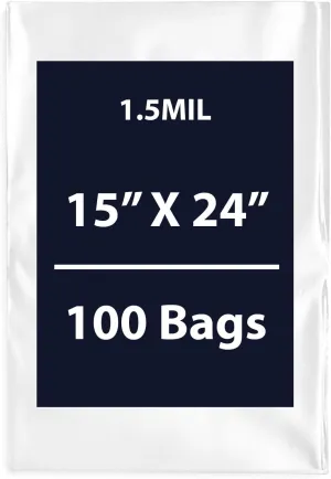 Multiple Sizes Clear Flat Poly Bags, 1.5Mil 15" X 24" & 100 Bags | Low-Density Polyethylene (LDPE), Flat Open Top Plastic Packaging Packing | Flexible and Durable Plastic Bags