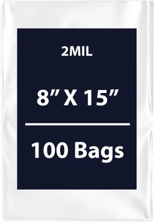 Multiple Sizes Clear Flat Poly Bags - 8x15 & (100 Bags) 2Mil Flat Open Top Plastic Packaging Packing | Flexible and Durable Plastic Bags | Low-Density Polyethylene (LDPE)