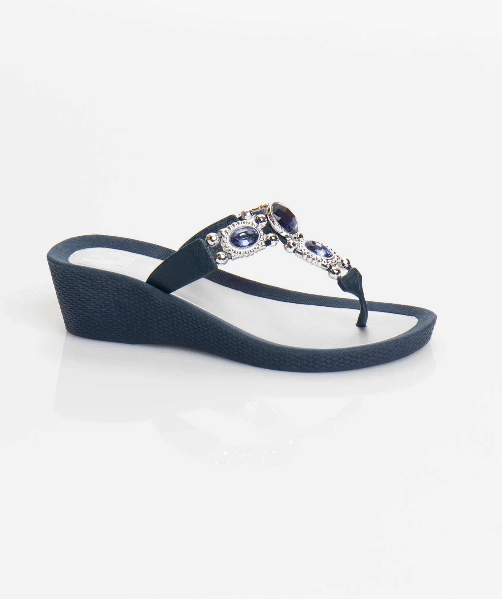 Navy Wedged Sandal with Glamorous Embellishments and Non-Slip Sole