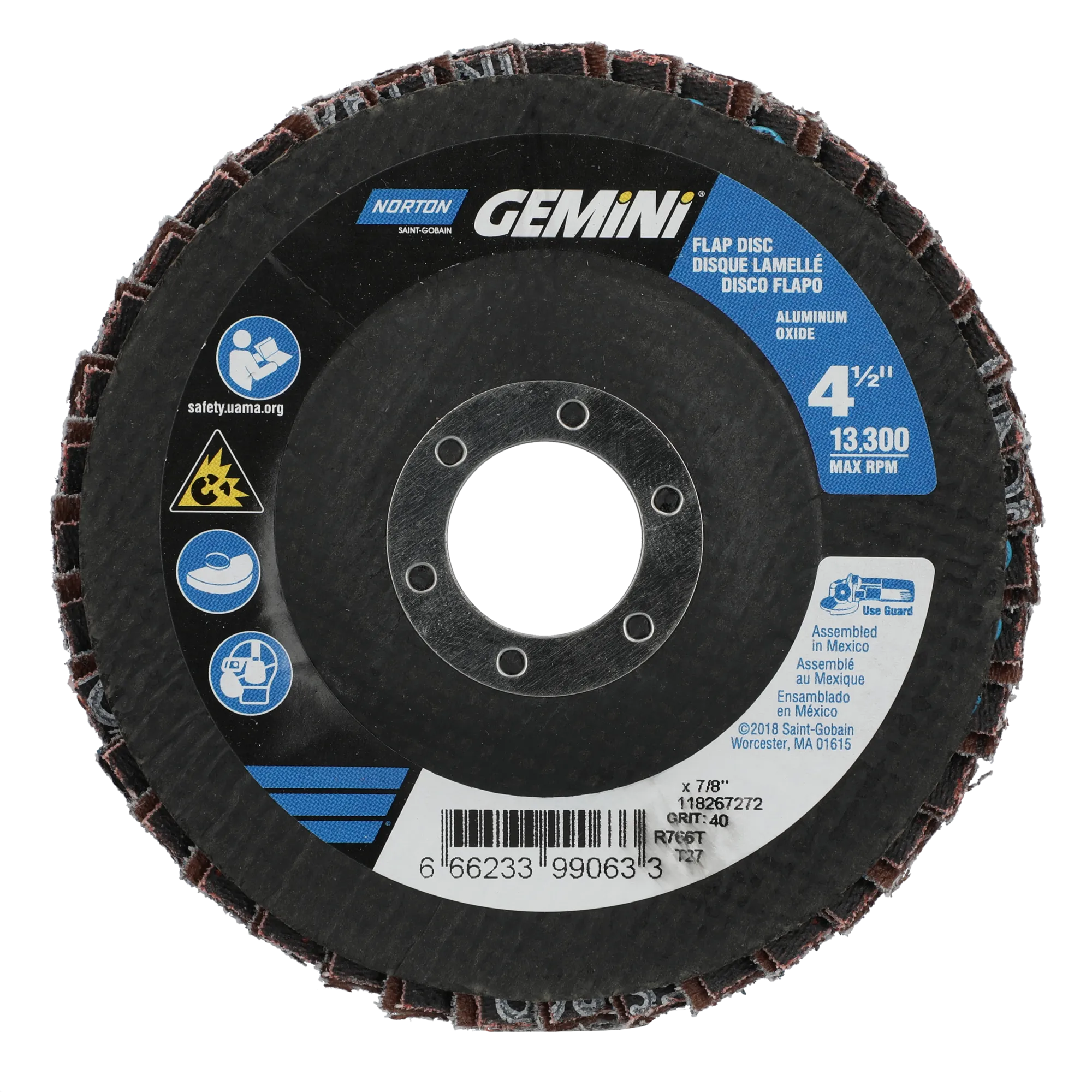 Norton 4-1/2 x 7/8 In. Gemini Fiberglass HD Flat Flap Disc T27 P40 Grit R766 ZA 10 Count