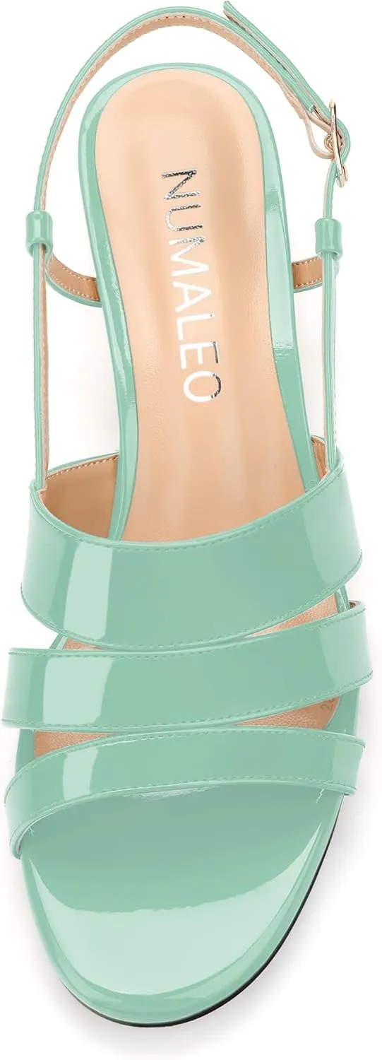 NUMALEO Women's Dressy Strappy 2.5 Inch Sandals Low Kitten Heel Open Square Toe Slingback Heels Patent Cute Dress Shoes