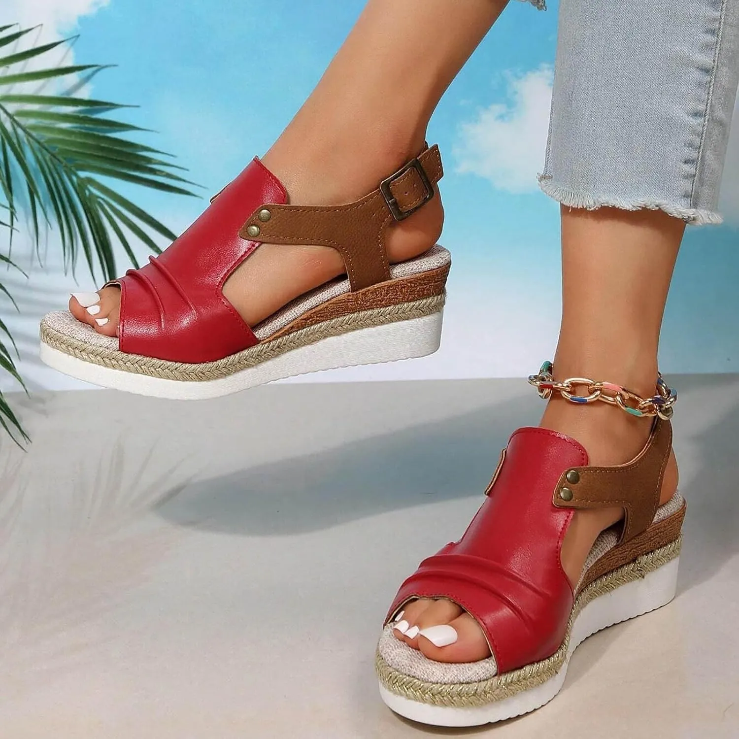 Orthopedic Wedge Sandals for Women Summer Dressy,Open Toe Strap Platform Ankle Sandals Casual Strappy Low Wedges Shoes